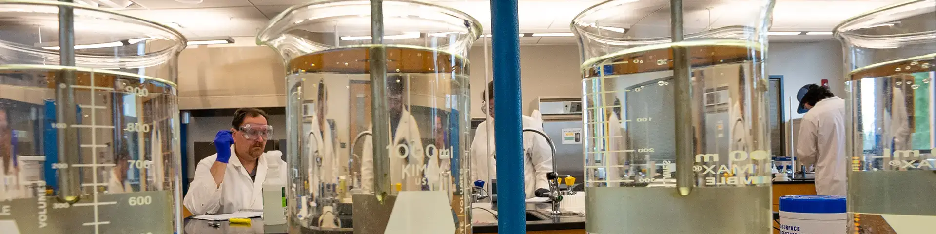 Students doing water purity testing in the lab with beakers full of water.