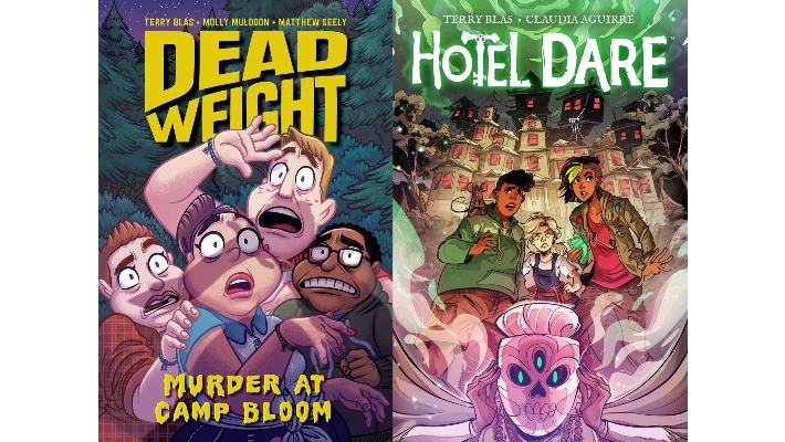 Samples of comic art by Terry Blas: Dead Weight Murder at Camp Bloom and Hotel Dare